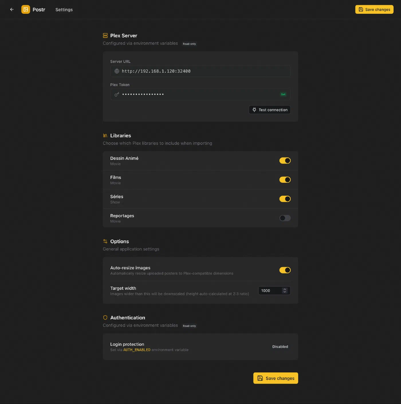 Postr, settings page