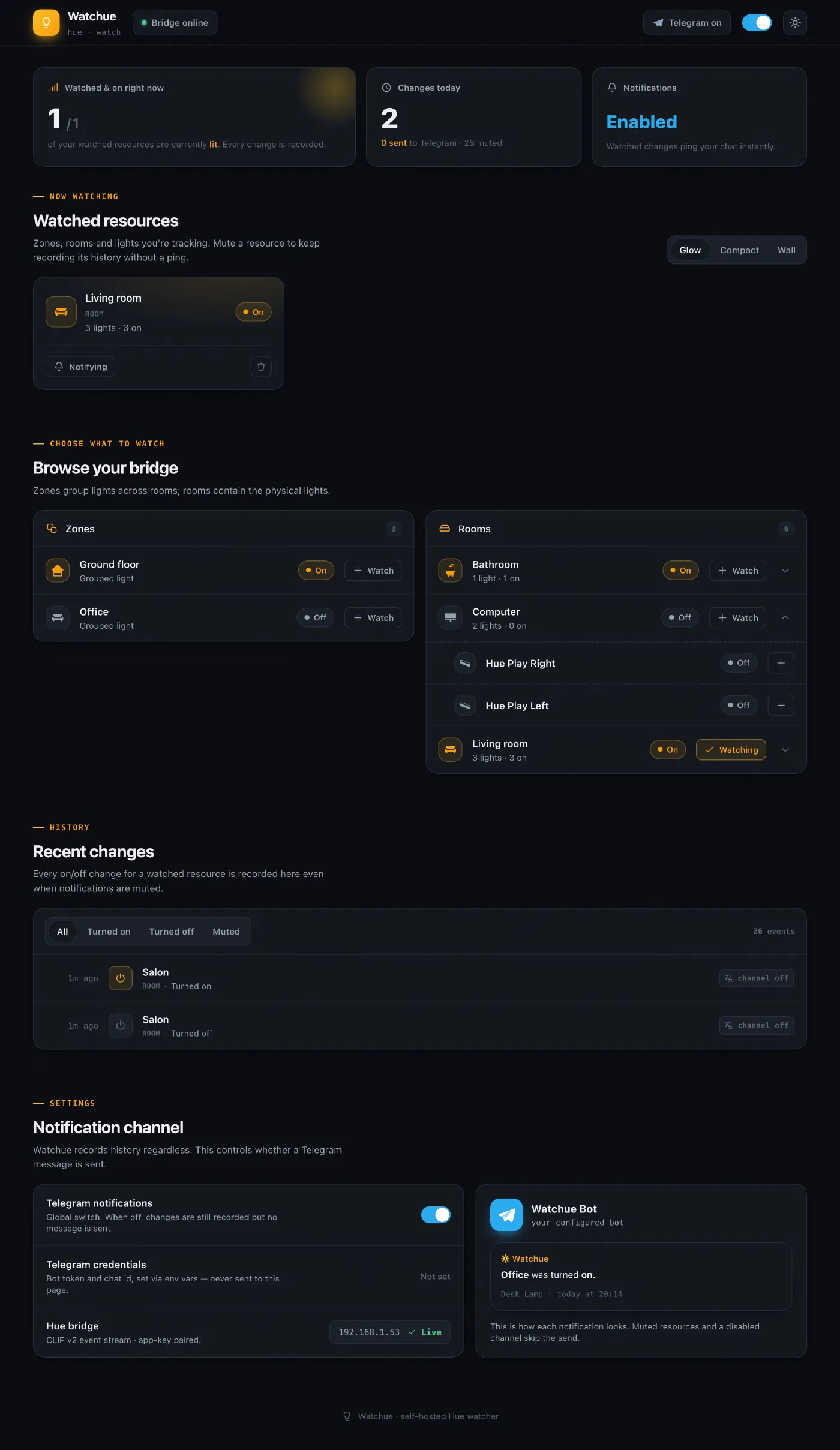 Watchue, dashboard in dark theme